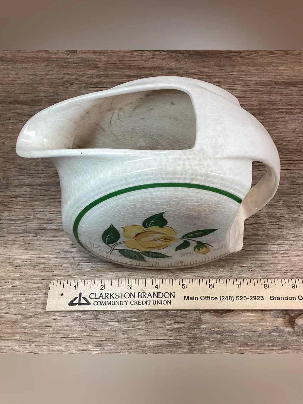 Stained & Crazed Vintage Yellow Rose Disc Pitcher